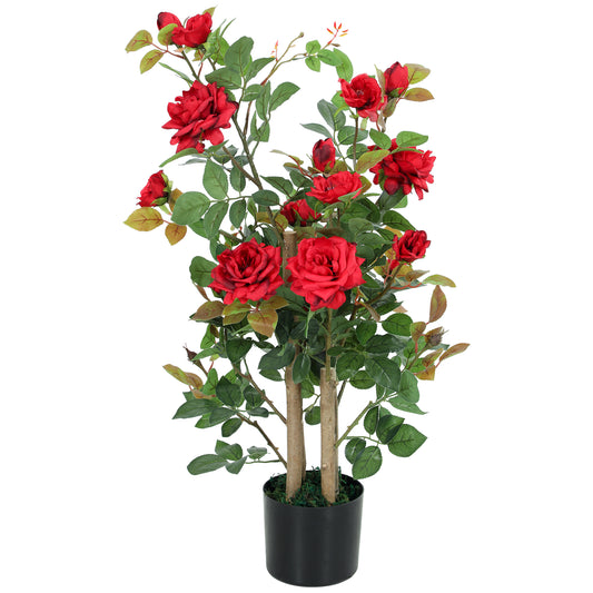 90cm Artificial Rose Tree with 344 Silk Leaves and 17 Flowers, Red