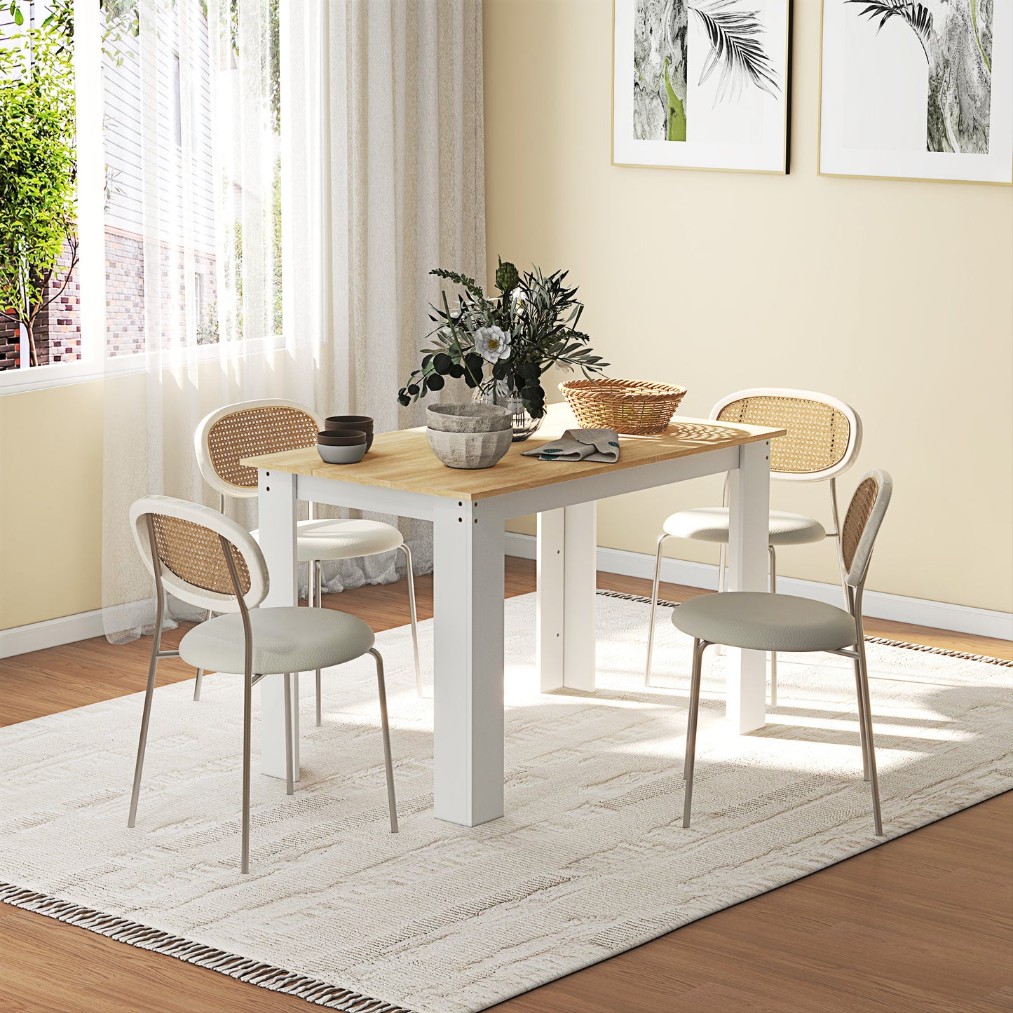 Dining Table for 4-6 People, Wood Effect Tabletop, Oak & White