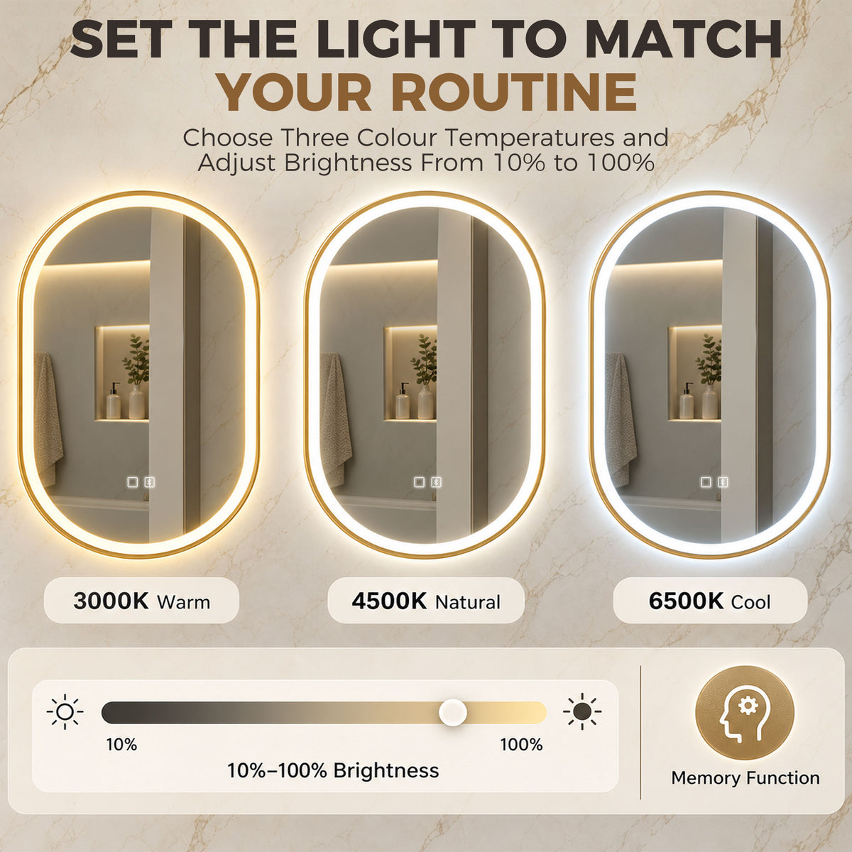 100 x 70cm Oval LED Bathroom Mirror with Bluetooth Speaker and Demister - Gold Tone