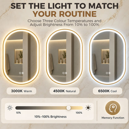 100 x 70cm Oval LED Bathroom Mirror with Bluetooth Speaker and Demister - Gold Tone