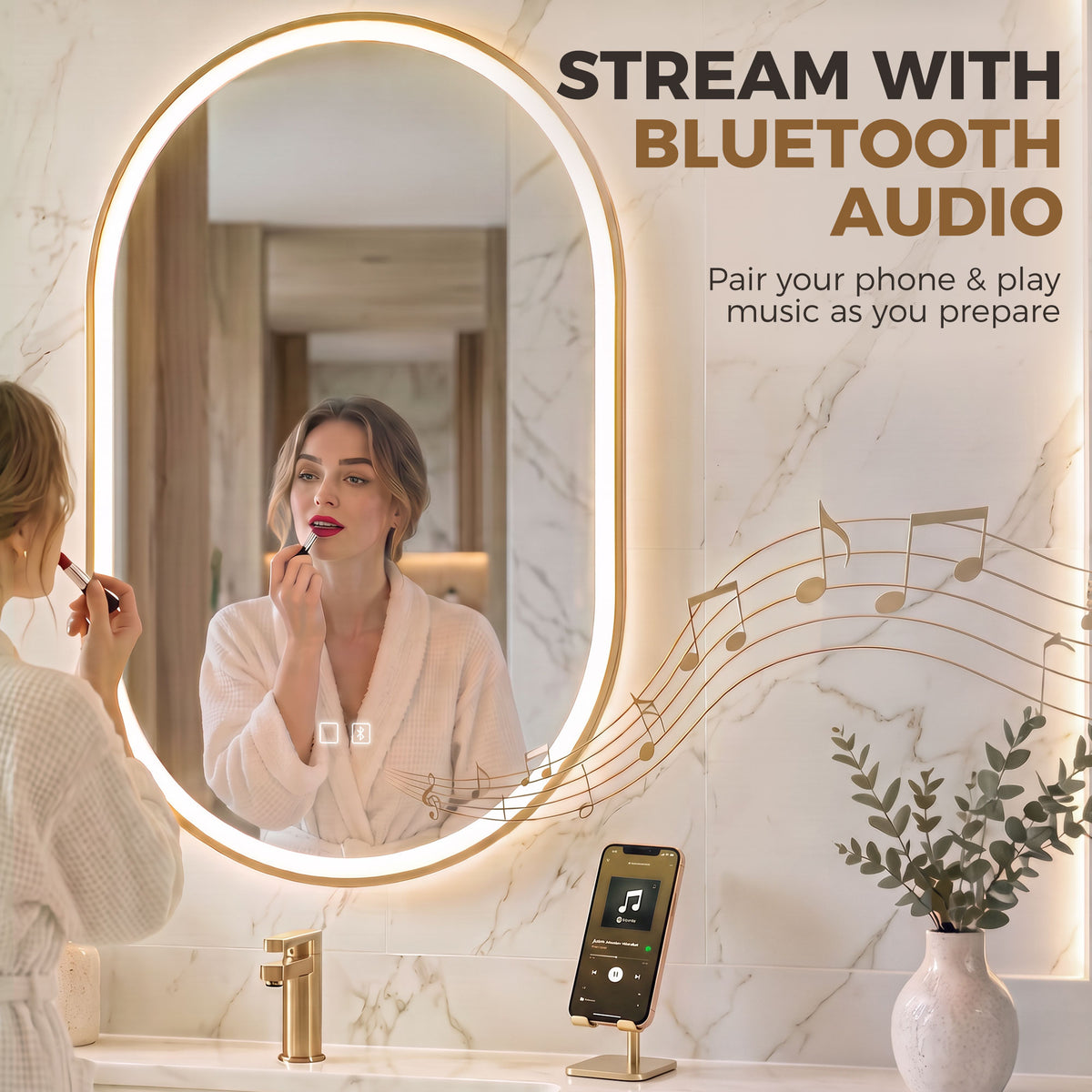 100 x 70cm Oval LED Bathroom Mirror with Bluetooth Speaker and Demister - Gold Tone