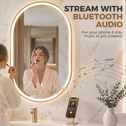 100 x 70cm Oval LED Bathroom Mirror with Bluetooth Speaker and Demister - Gold Tone