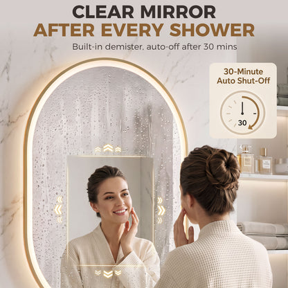 100 x 70cm Oval LED Bathroom Mirror with Bluetooth Speaker and Demister - Gold Tone