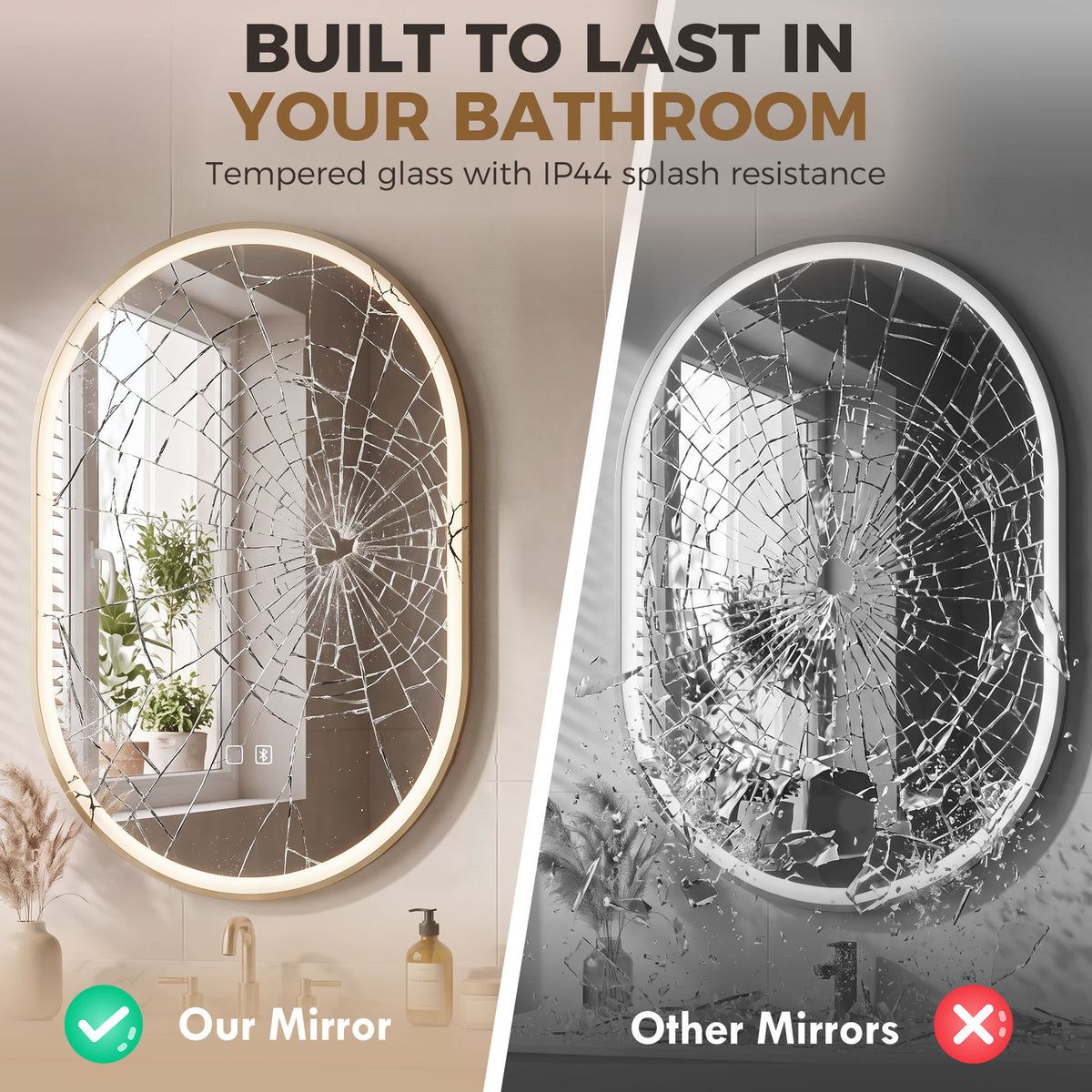 100 x 70cm Oval LED Bathroom Mirror with Bluetooth Speaker and Demister - Gold Tone
