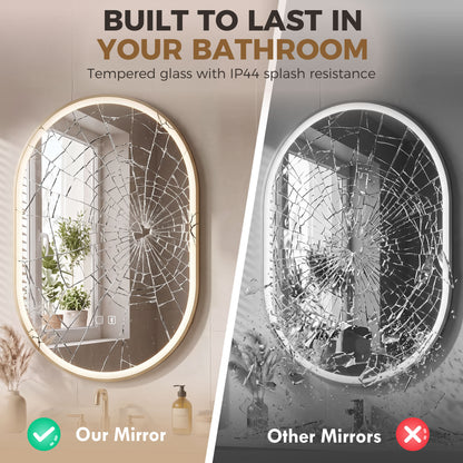 100 x 70cm Oval LED Bathroom Mirror with Bluetooth Speaker and Demister - Gold Tone