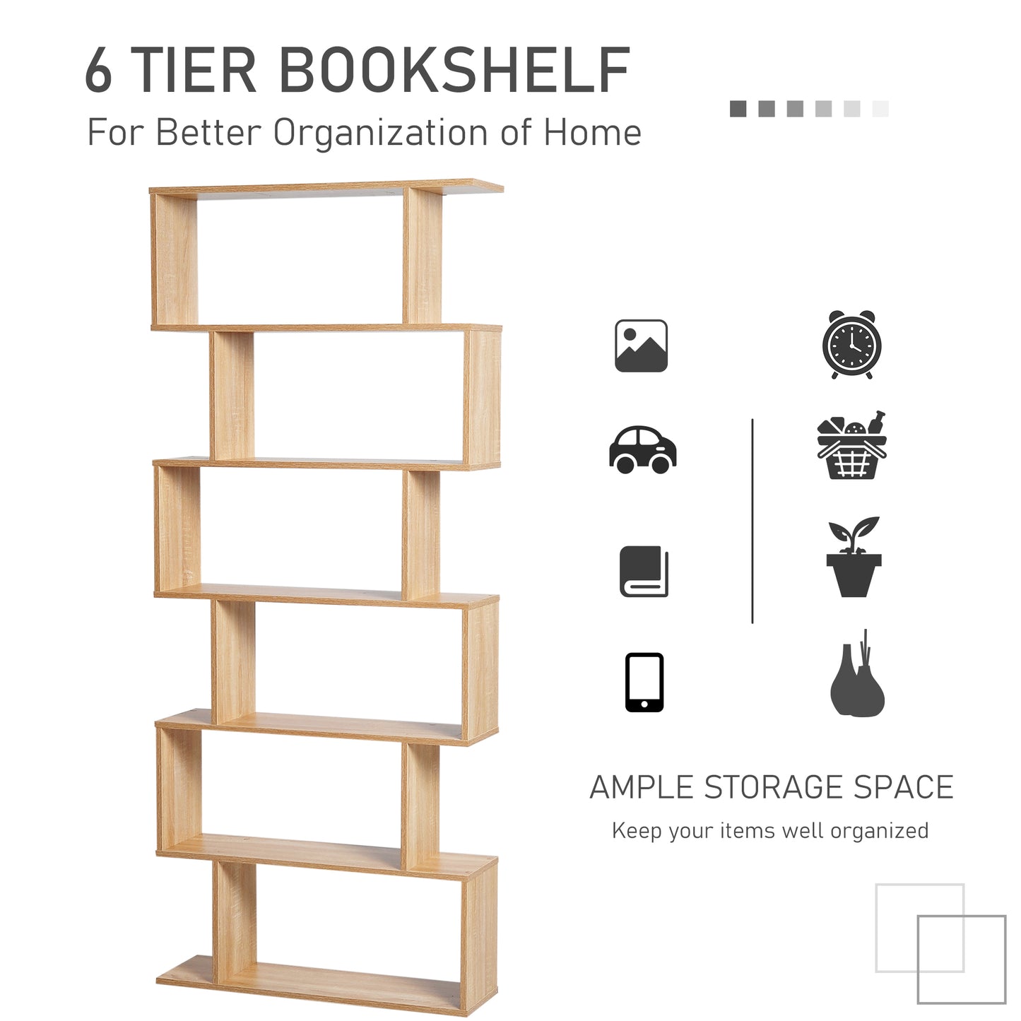 6-Tier Wooden Modern S-Shaped Shelf Storage Unit Home Office Oak Colour