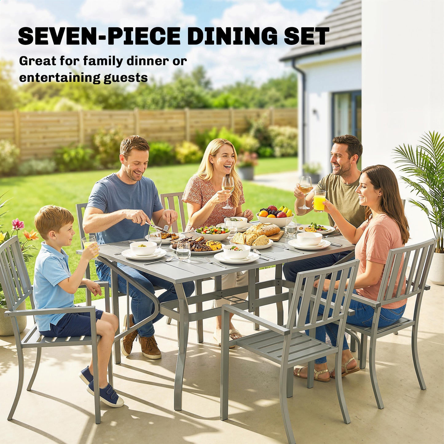 7 Pieces Patio Dining Set with Umbrella Hole for Garden, Light Grey
