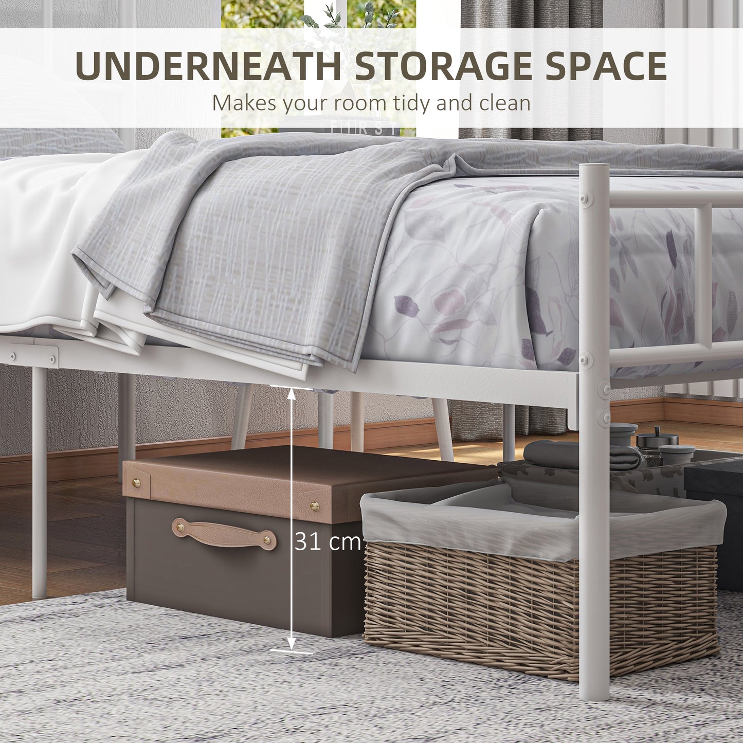 Single Bed Frame, Metal Bed Base with Headboard and Footboard, Metal Slat Support and 31cm Underbed Storage Space