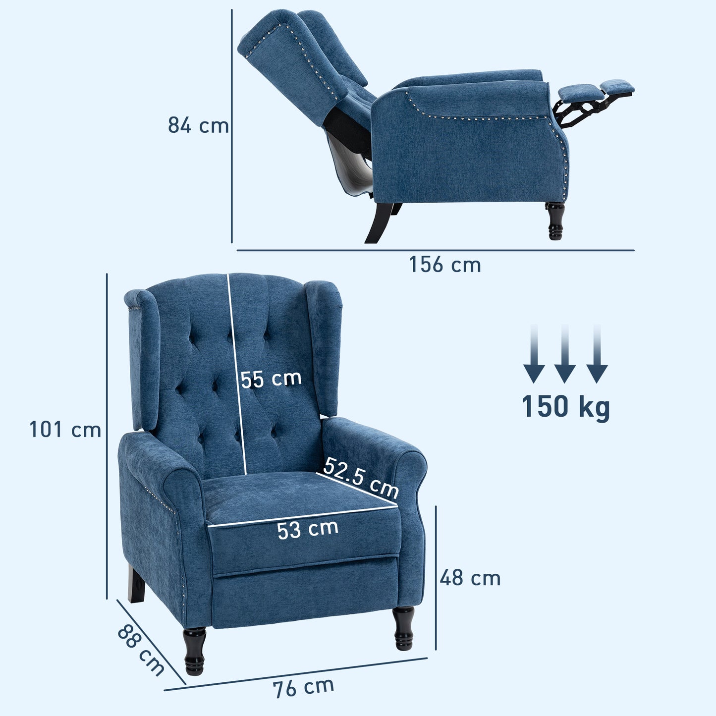 Manual Reclining Armchair Recliner with Footrest Royal Blue