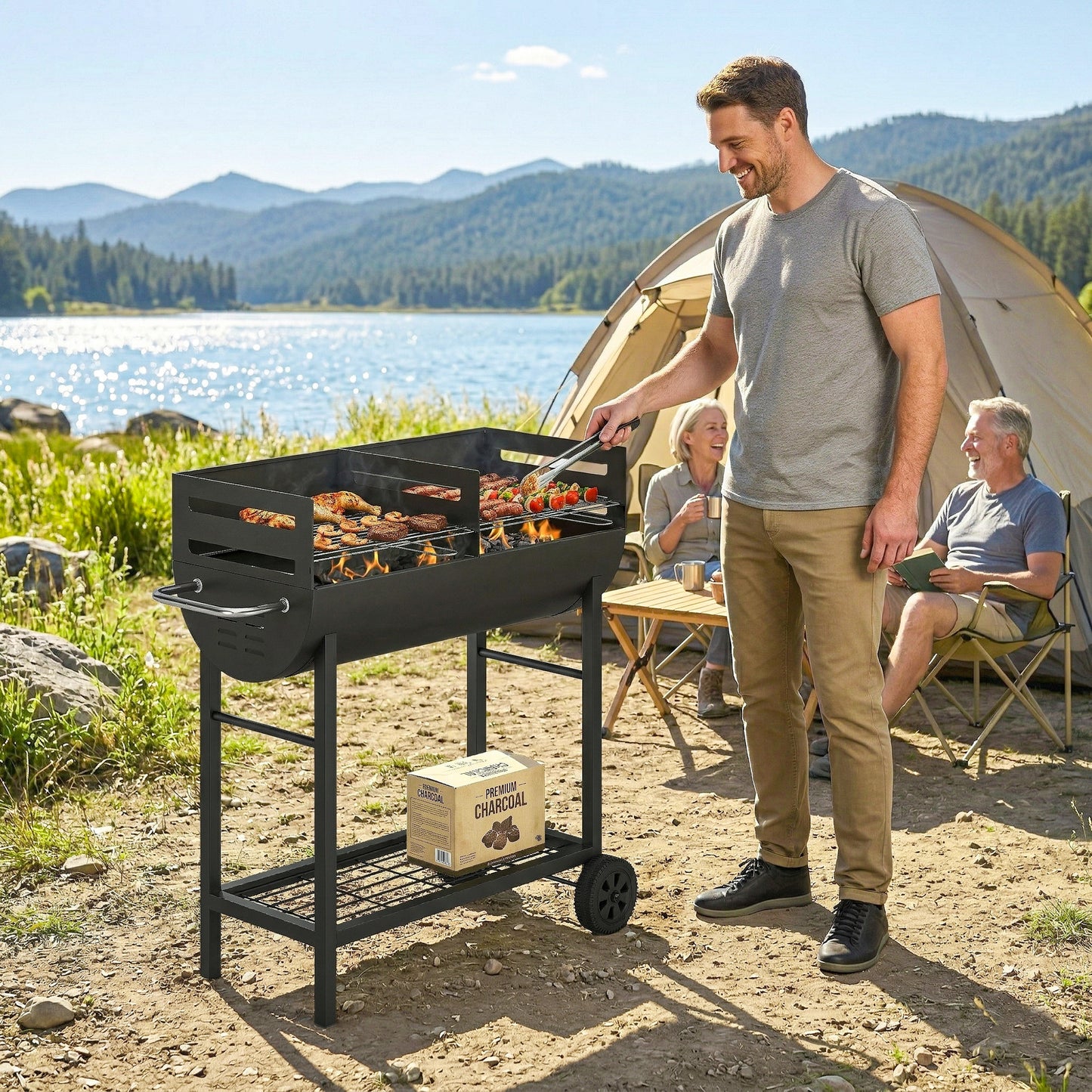 Charcoal Barbecue Grill with 2 Cooking Areas, Wheels