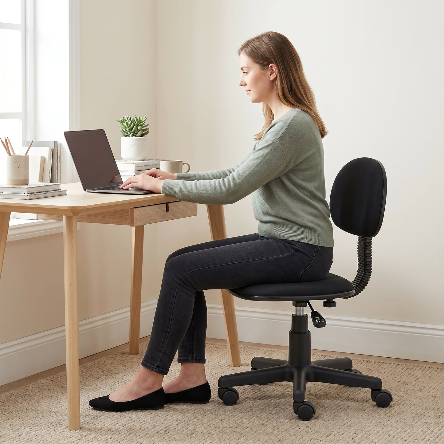 Armless Office Chair with Adjustable Height, 360 Swivel Wheels, Black