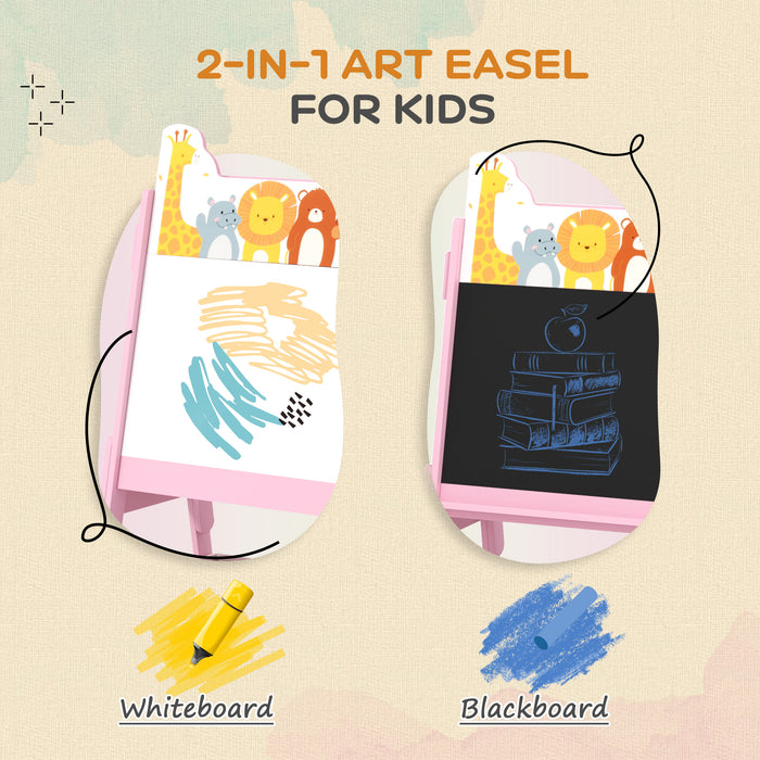 2 in 1 Kids Easel with Whiteboard, Chalkboard, Storage Boxes, Pink