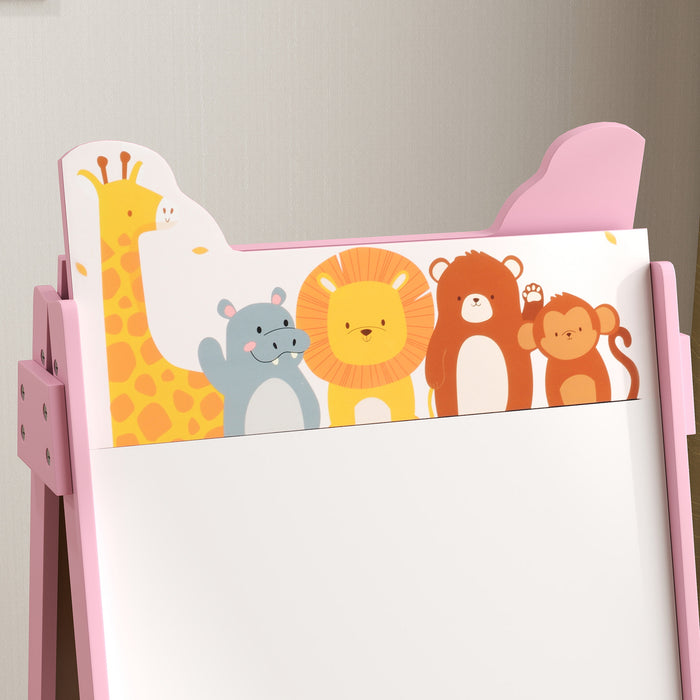 2 in 1 Kids Easel with Whiteboard, Chalkboard, Storage Boxes, Pink