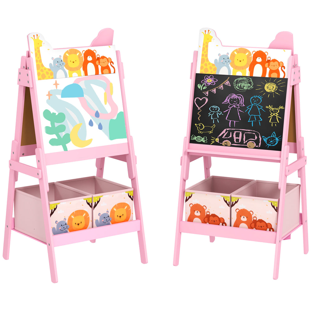 2 in 1 Kids Easel with Whiteboard, Chalkboard, Storage Boxes, Pink