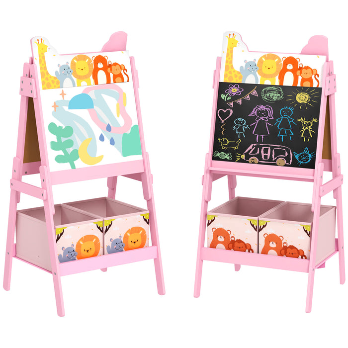 2 in 1 Kids Easel with Whiteboard, Chalkboard, Storage Boxes, Pink