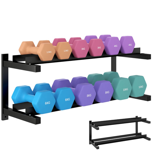Wall-Mounted Dumbbell Rack, 2-Tier Steel Design, Black