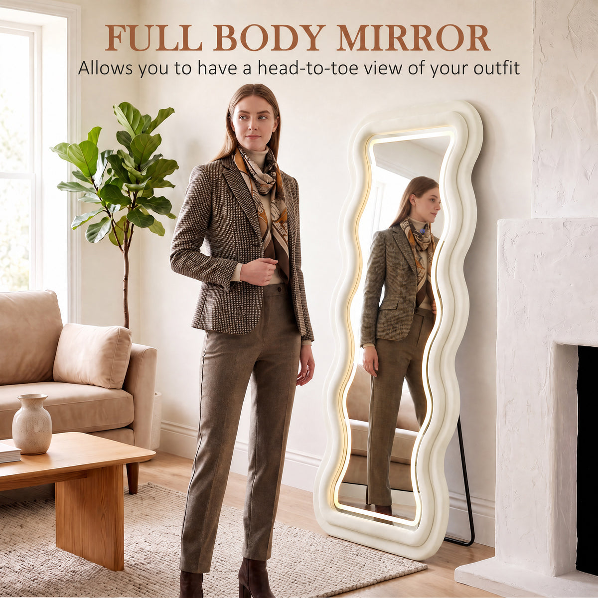 Full Length Mirror, 160 x 60 cm Velvet Wall Standing Mirror, Cream