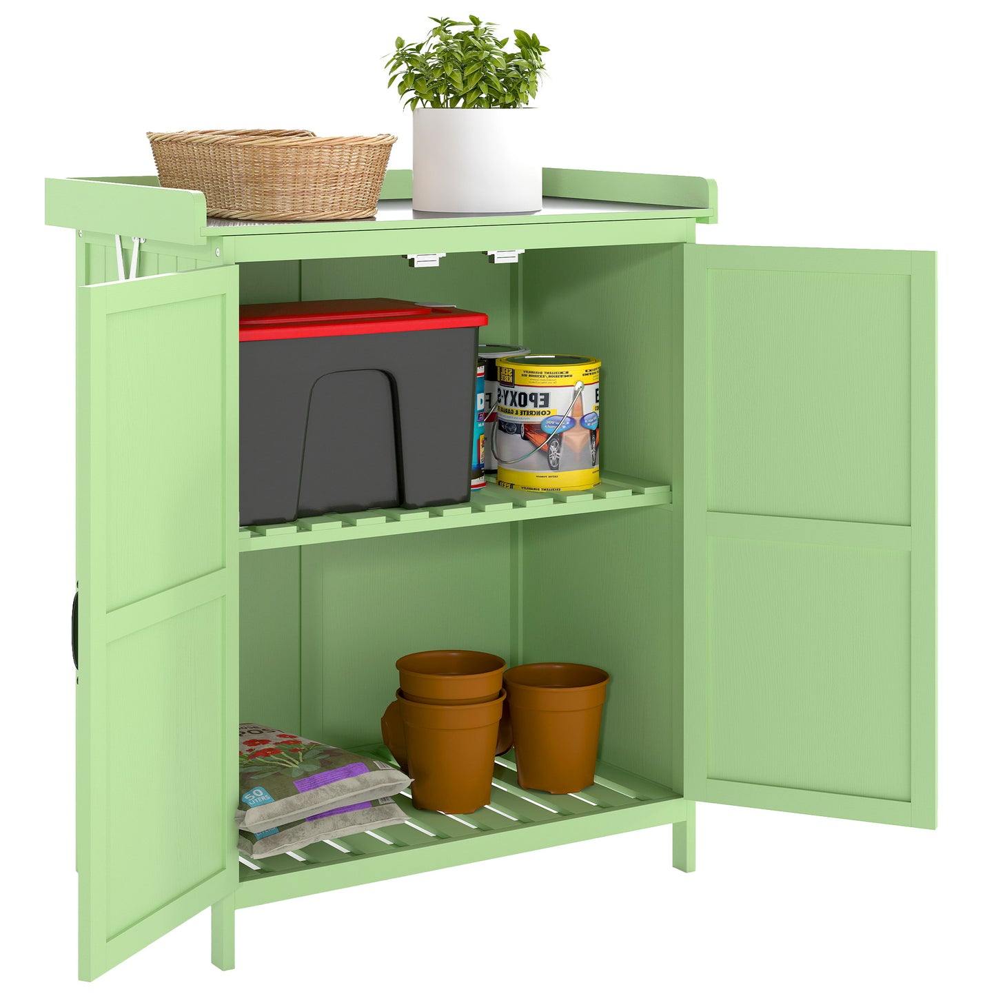 Wooden Garden Storage Shed w/Hinged Roof and Shelf, Light Green