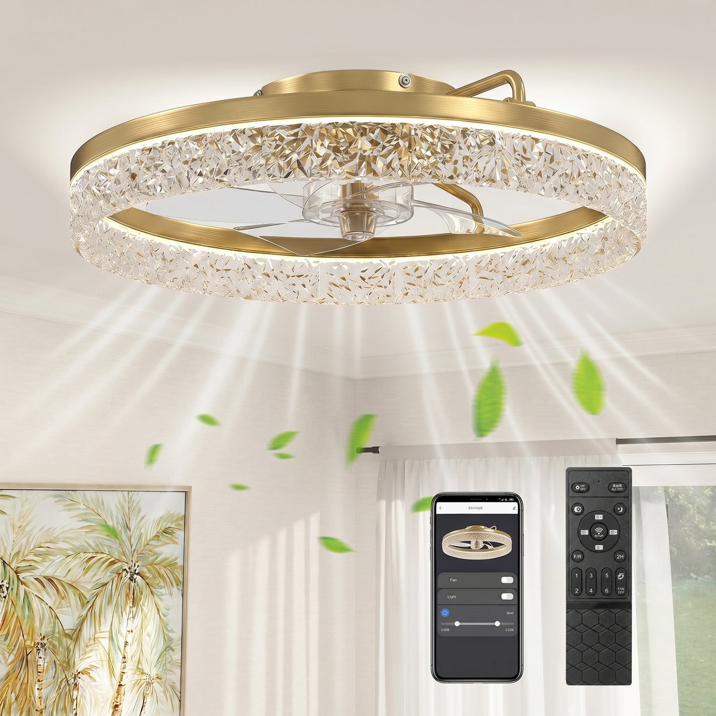 Ceiling Fans with Lights and Remote & App Control, 50 cm Modern LED Ceiling Fan Light with 3 Colour Temperatures, 6 Speed, Timer, Dimmable, Quiet Reversible DC Motor, for Bedroom, Study, Gold