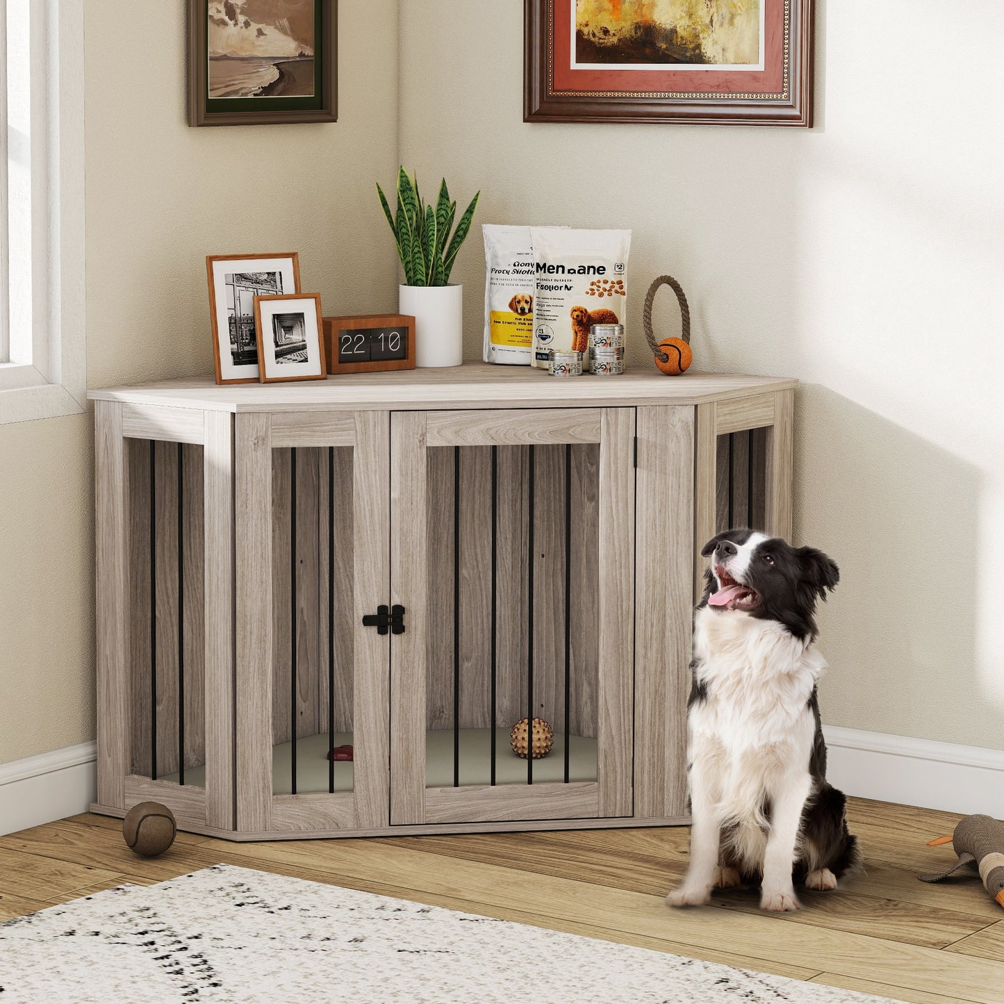 Dog Crate Furniture for Large Dogs w/ Cushion, Door - Walnut Brown