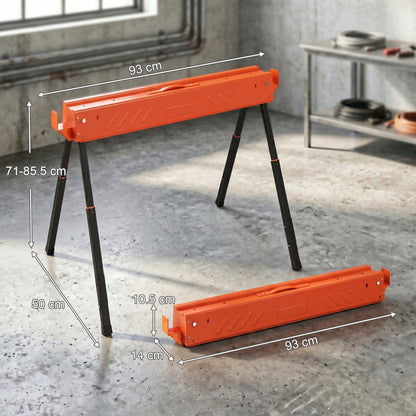 Saw Horses Twin Pack, Folding Work Bench Sawhorses with Height Adjustable Legs, 2x4 Bracket, Carry Handle, Non-Slip Feet for Woodworking, Carpenter, DIY, Supports Up to 500 kg, Orange