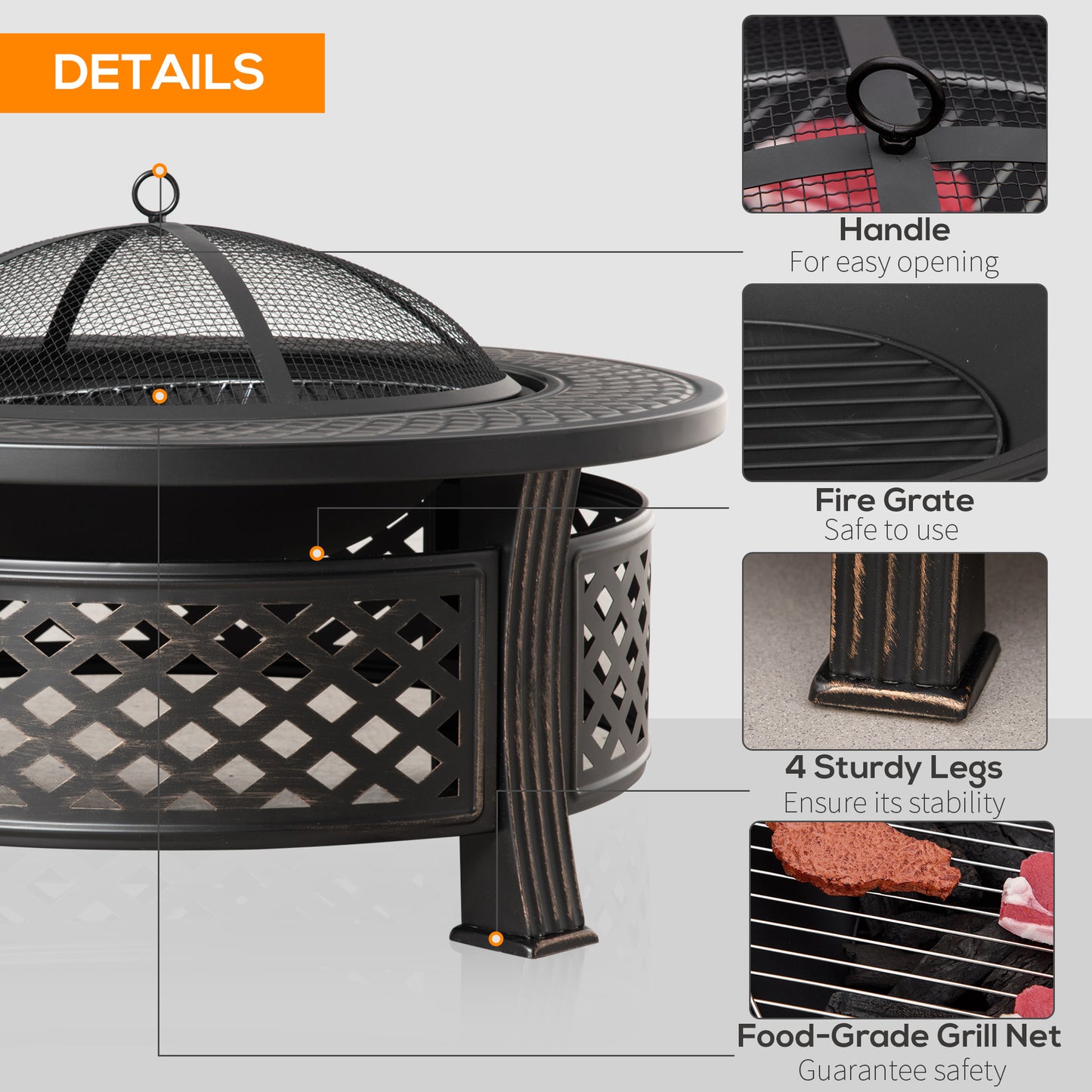 Outdoor Fire Pit,Round Firepit with Grill Net,Mesh Lid,Bronze Tone
