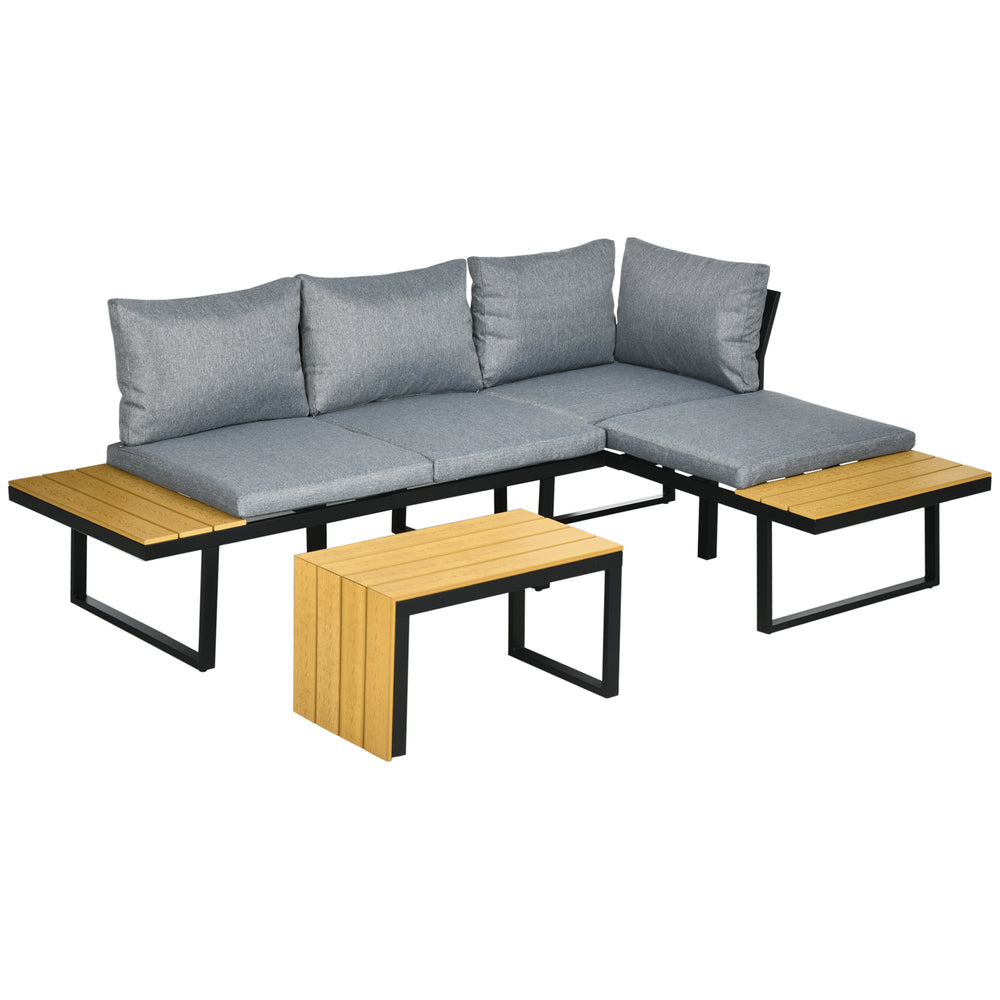 4-Seater Garden Sofa Set Patio Conversation Set w/ Padded Cushions, Wood Grain Plastic Top Table and Side Panel, Grey