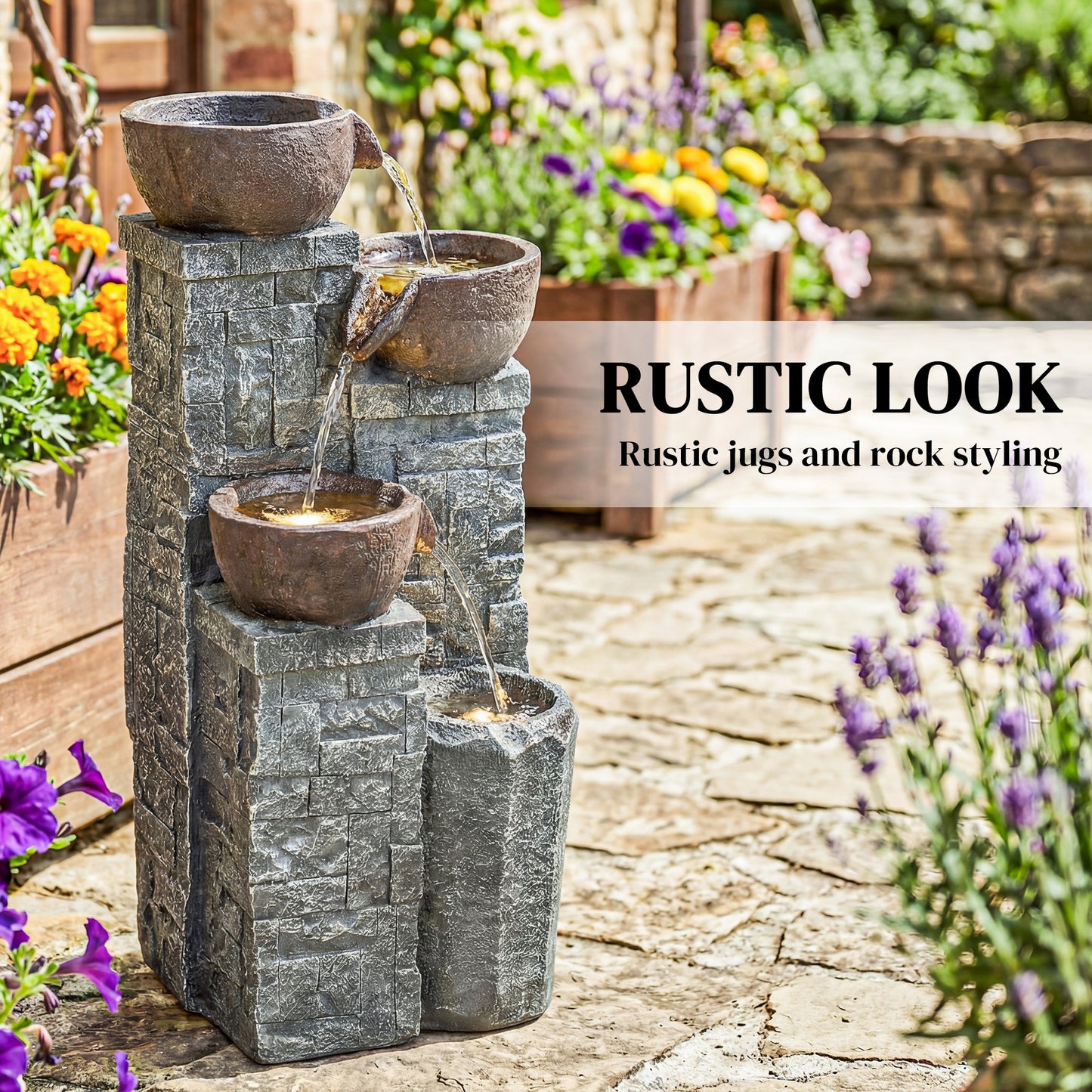 4-Tier Outdoor Fountain with LED Lights, Grey and Rustic Brown