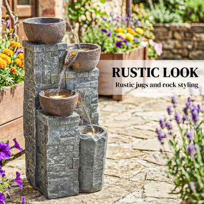 4-Tier Outdoor Fountain with LED Lights, Grey and Rustic Brown