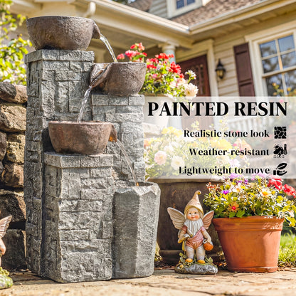 4-Tier Outdoor Fountain with LED Lights, Grey and Rustic Brown