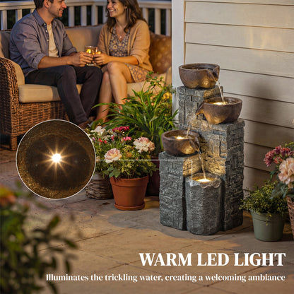 4-Tier Outdoor Fountain with LED Lights, Grey and Rustic Brown