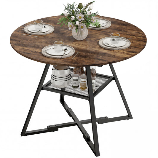 Round Dining Table for 4, 100 cm Kitchen Table w/ Shelf, Rustic Brown