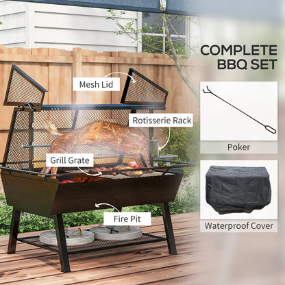3-in-1 Charcoal Barbecue Grill, Rotisserie Roaster, Fire Pit with Storage Shelf and Mesh Lid