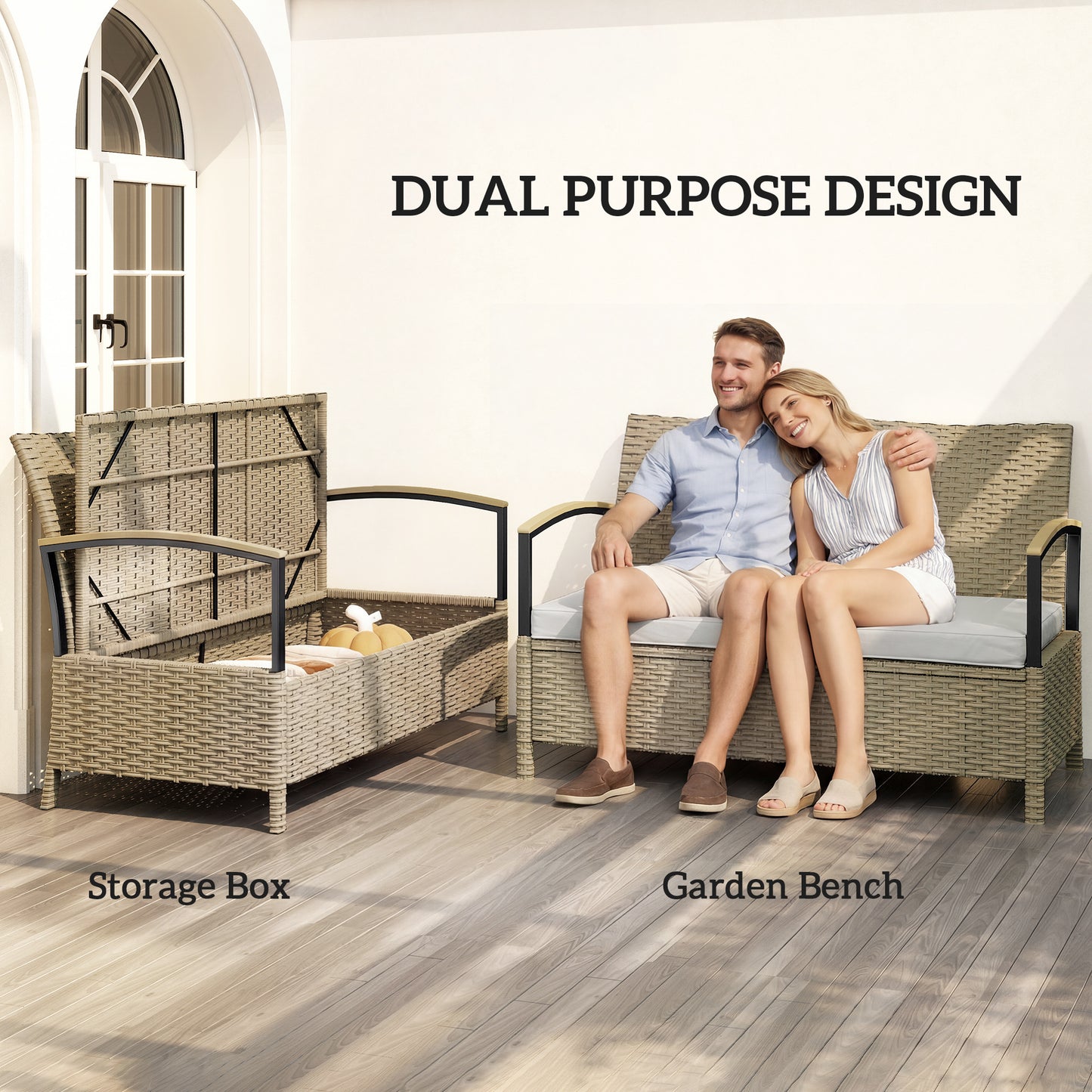 125L Garden Storage Bench, 2 Seater PE Rattan Outdoor Bench - Khaki