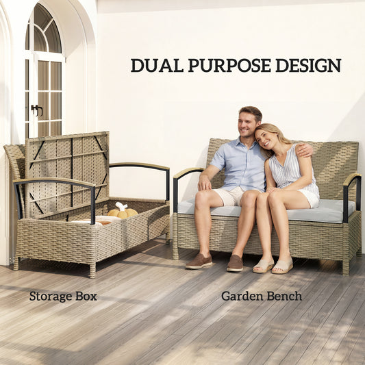 125L Garden Storage Bench, 2 Seater PE Rattan Outdoor Bench - Khaki