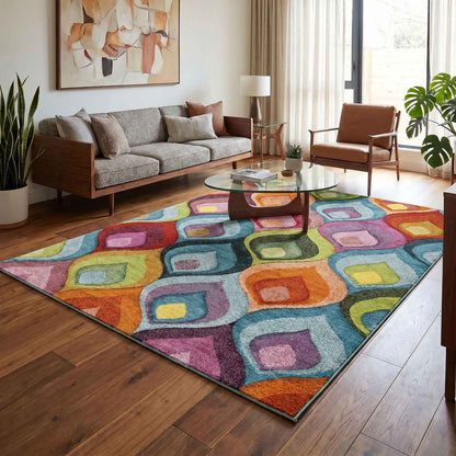 Rainbow Ogee Modern Carved Multi Colour Geometric Abstract Area Rug