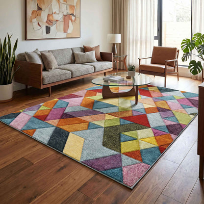 Rainbow Mosaic Modern Carved Multi Colour Geometric Abstract Area Rug