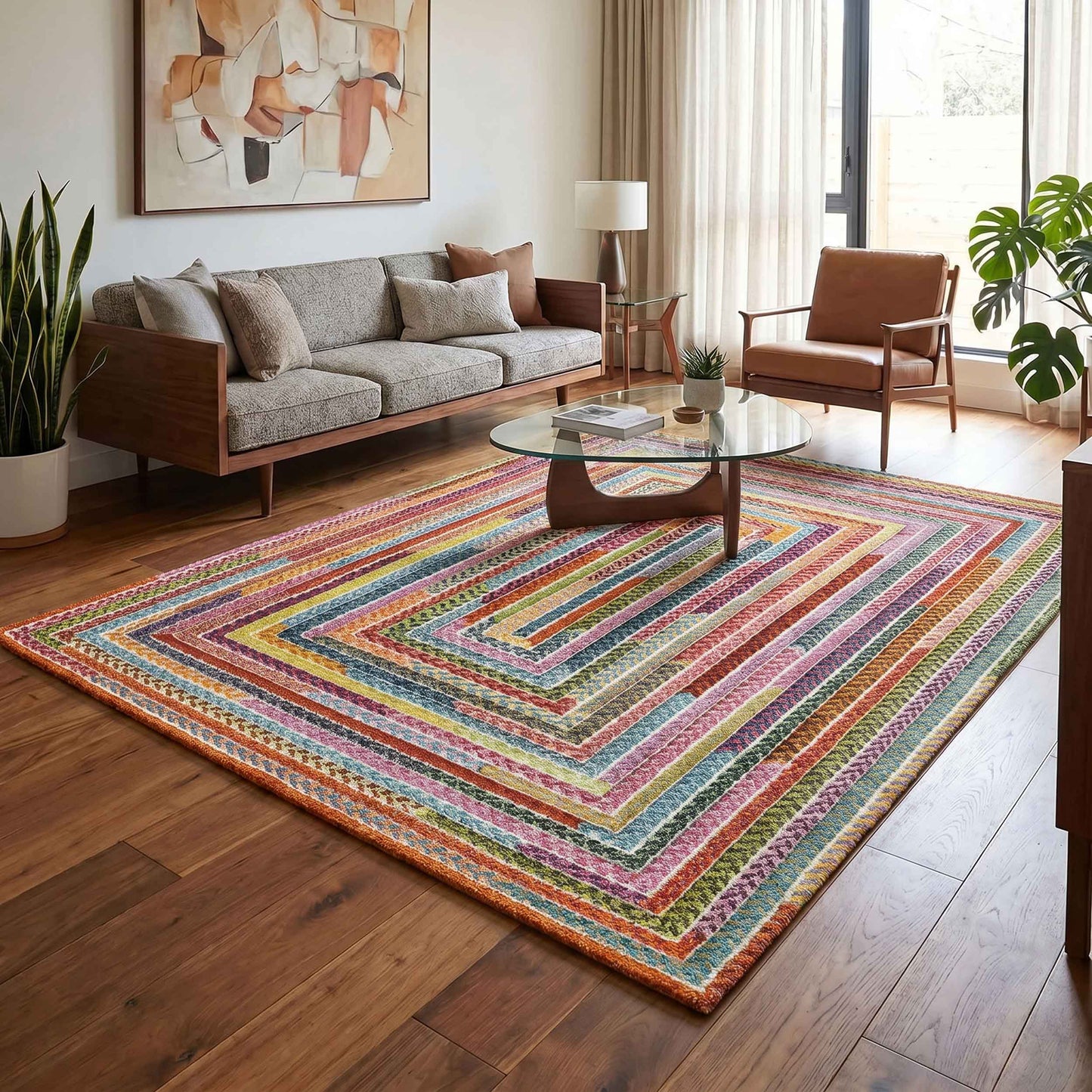 Rainbow Braided Modern Carved Multi Colour Geometric Abstract Area Rug