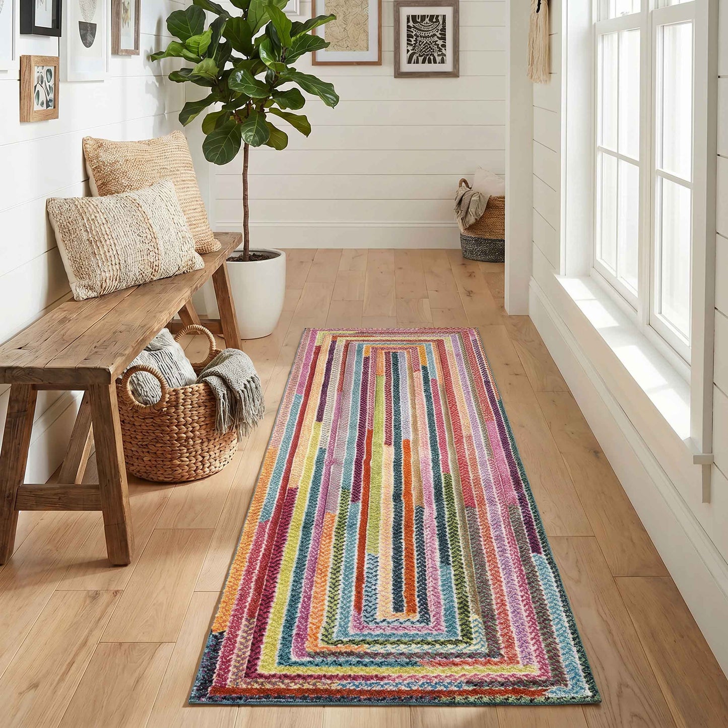 Rainbow Braided Modern Carved Multi Colour Geometric Abstract Area Rug