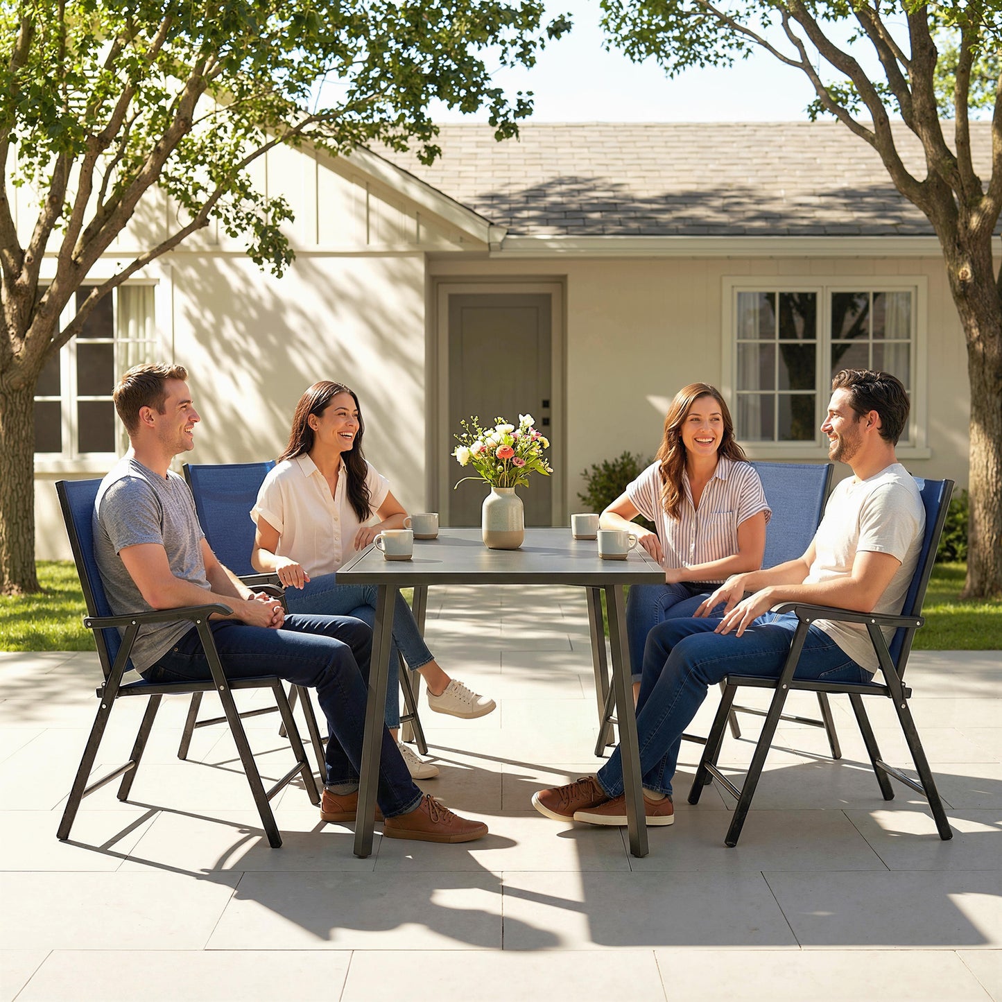 Folding Garden Chairs Set of 4 with High Back, Armrests, Navy Blue