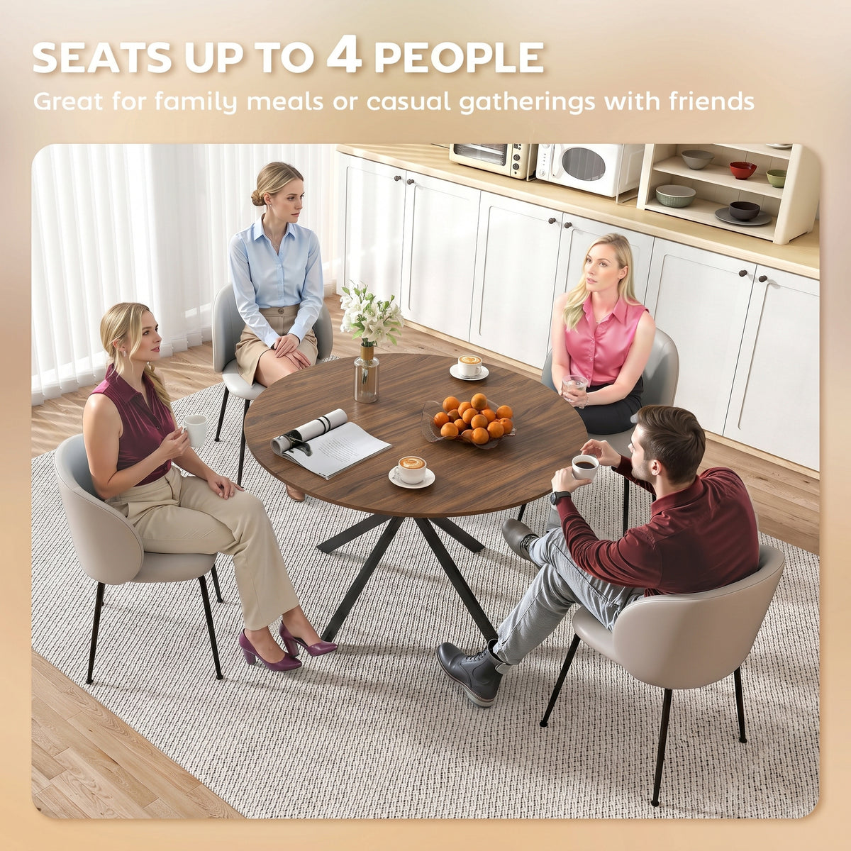 Round Wood-Effect Dining Table for 4 with Steel Cross Legs - Brown & Black