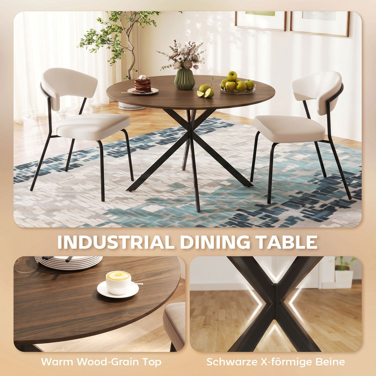 Round Wood-Effect Dining Table for 4 with Steel Cross Legs - Brown & Black
