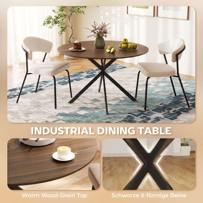 Round Wood-Effect Dining Table for 4 with Steel Cross Legs - Brown & Black