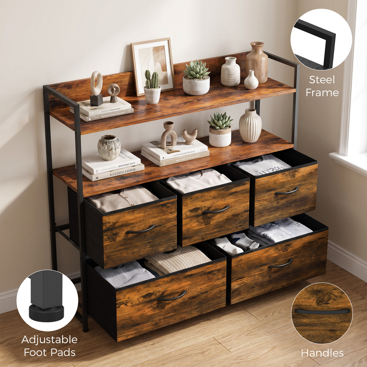 5-Drawer Fabric Chest with 2 Shelves and Steel Frame - Rustic Brown & Black