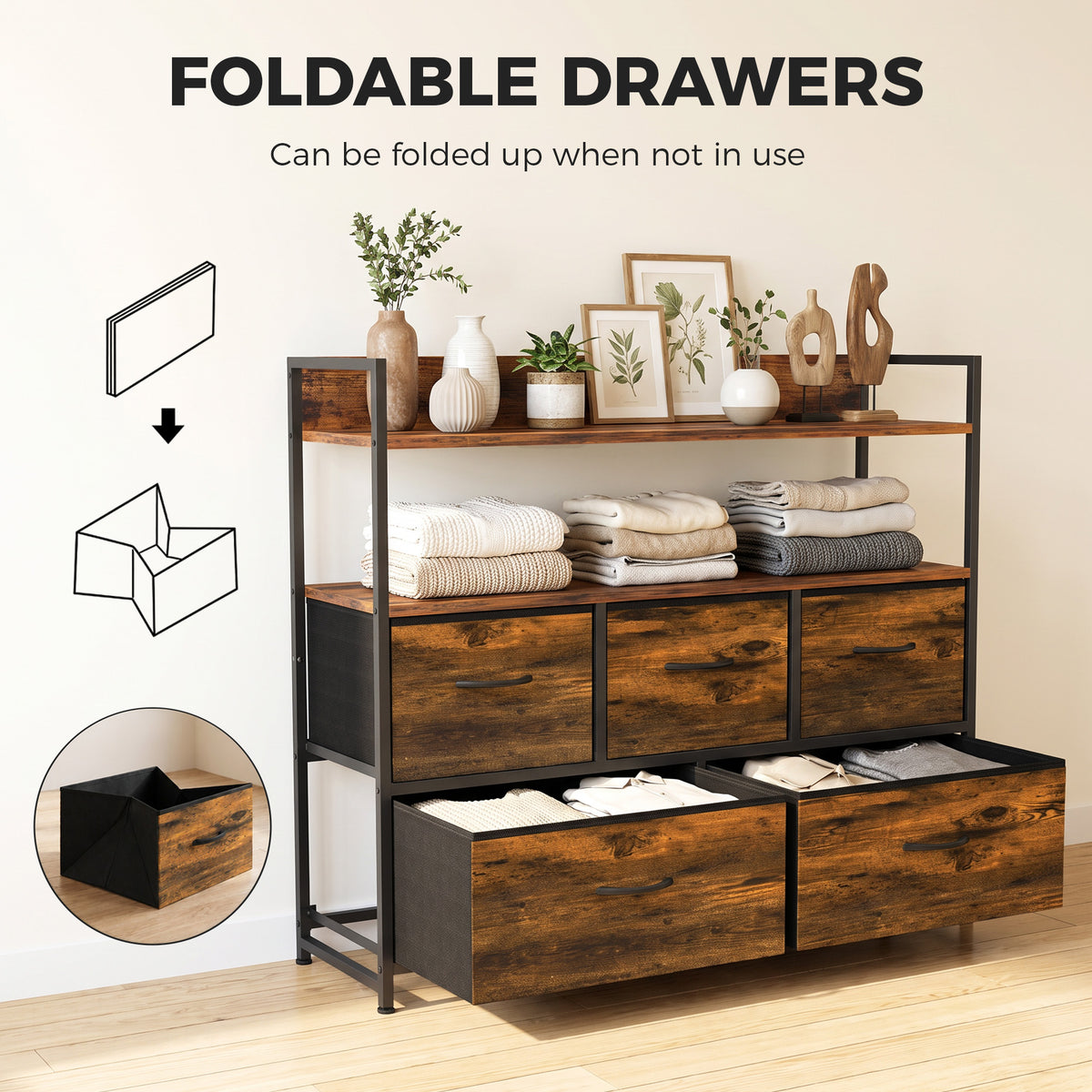 5-Drawer Fabric Chest with 2 Shelves and Steel Frame - Rustic Brown & Black