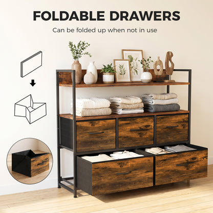 5-Drawer Fabric Chest with 2 Shelves and Steel Frame - Rustic Brown & Black
