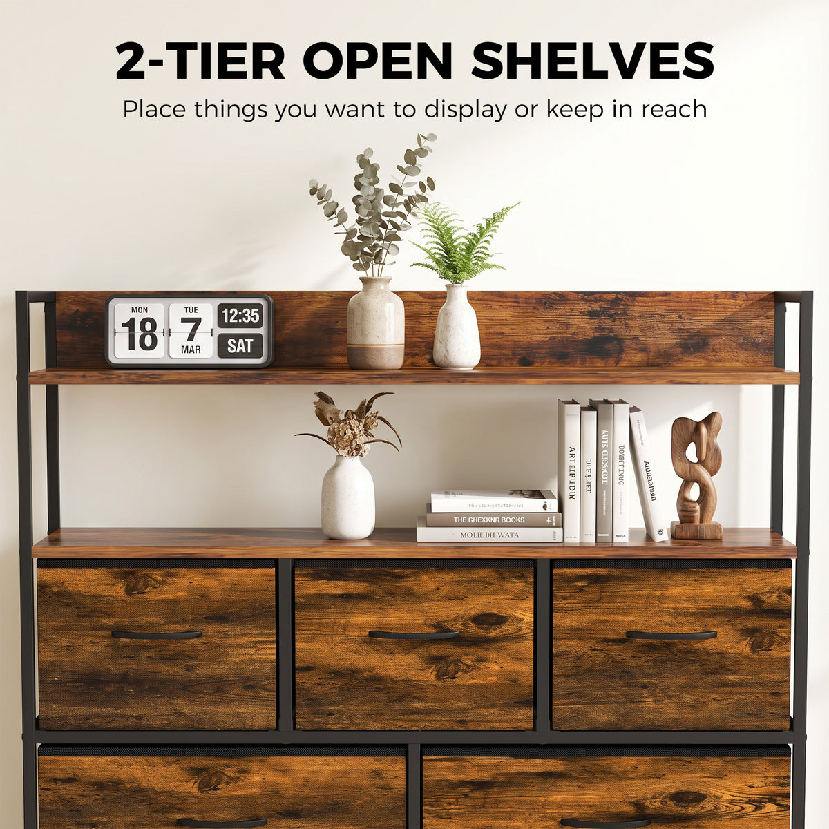 5-Drawer Fabric Chest with 2 Shelves and Steel Frame - Rustic Brown & Black