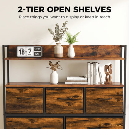 5-Drawer Fabric Chest with 2 Shelves and Steel Frame - Rustic Brown & Black