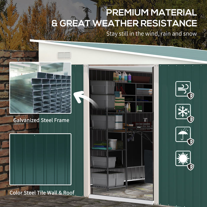 Garden Metal Storage Shed Outdoor Metal Tool House with Double Sliding Doors and 2 Air Vents, 11.3x9.2ft, Green