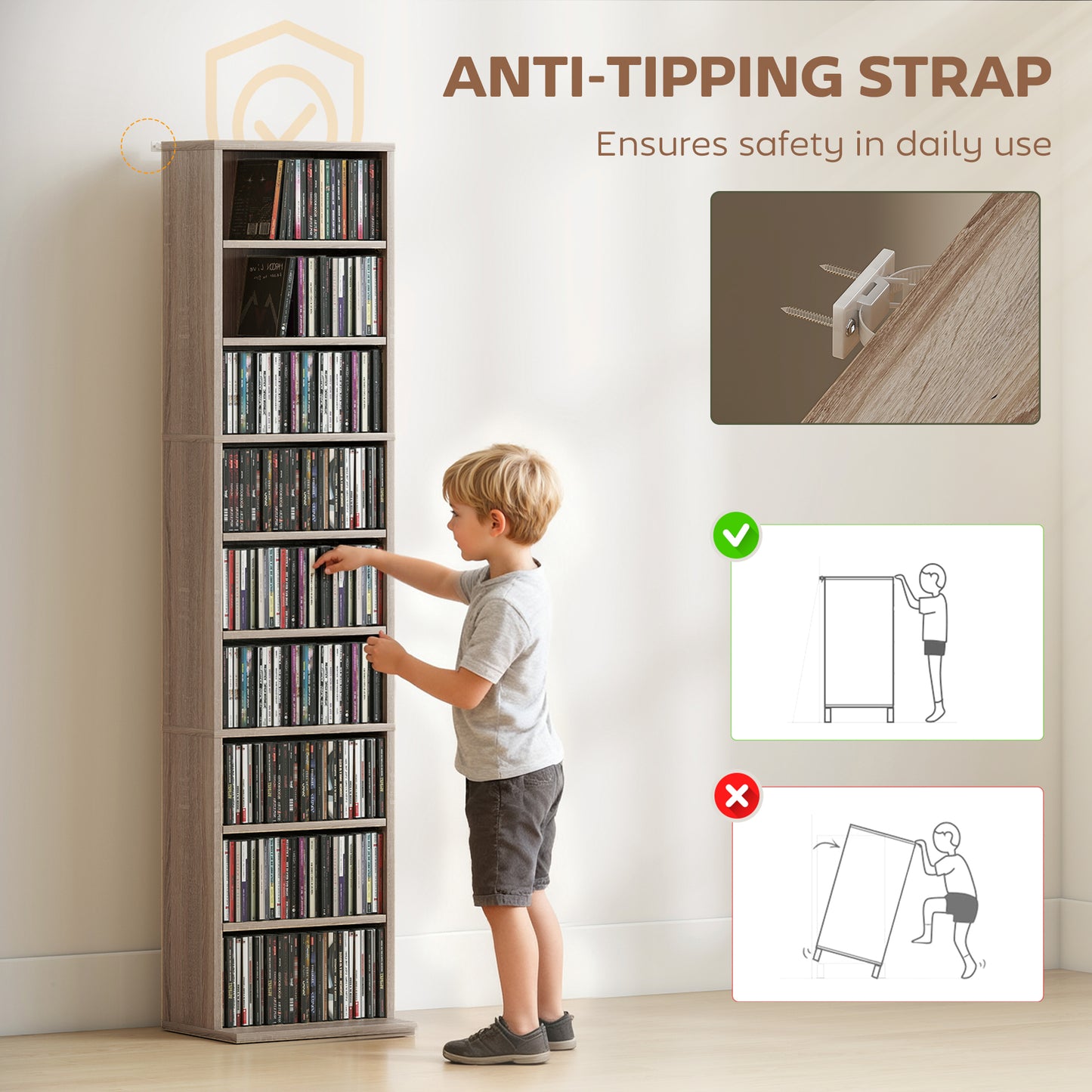 260 CD Storage Unit 120 DVD Storage Tower with 9 Compartments Natural